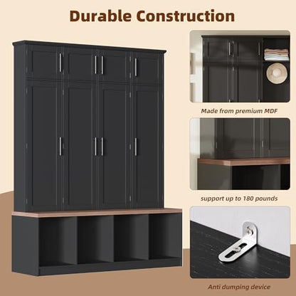 JIVOIT 75" H Farmhouse Hall Tree with Storage, Versatile 4-in-1 Coat Hanger with 4 Hidden Hanging Hooks, 8 Doors, Entryway Shoe Cabinet with Open Compartments for Living Room (Black//23) - color: Black//23