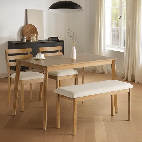 4-Piece Farmhouse Dining Set, Wooden Dining Table with 2 Chairs, Bench Seat | Upholstered Chairs and Bench, Mid-Century Modern Wooden Kitchen Table Set for Dining Room, Small Spaces, Rubberwood Legs - size: 1 Table With 2 Chairs+ 1 Bench