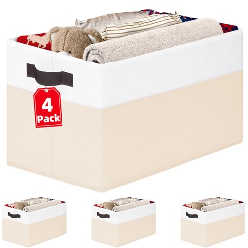 4 Pack Baby Clothes Organizer Bins, Fabric Collapsible Storage Baskets with Handles, Odorless Storage Bins for Toy Clothes Nursery Kids Room Playroom Classroom (14L*10W*9.5H) - color: White with Beige, size: 4pcs - Rectangular 14"x10"x9.5"