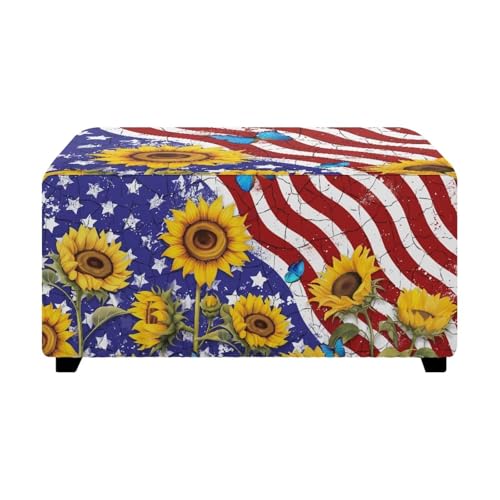Stretch Soft American Flag Sunflower Ottoman Cover Rectangle Ottoman Slipcovers for Foot Stool Folding Storage Furniture for Living Room with Nonslip Elastic Bottom - color: American Flag Sunflower, size: Medium