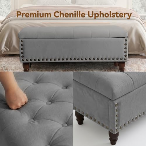 42'' End of Bed Storage Bench with Dual-Surface Lid, Upholstered Ottoman with Hidden Storage, Chenille Bench Seating with Wood Panel Seat for Entryway,Living Room,Bedroom-Gray - color: 3-gray