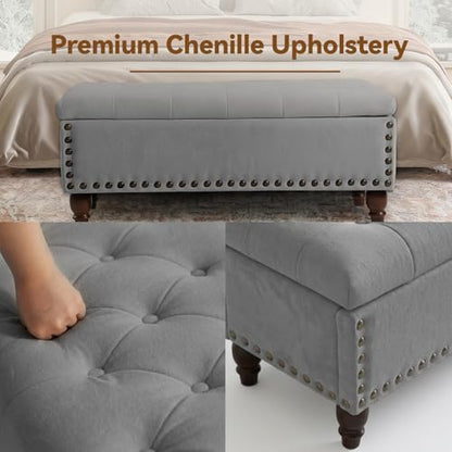 42'' End of Bed Storage Bench with Dual-Surface Lid, Upholstered Ottoman with Hidden Storage, Chenille Bench Seating with Wood Panel Seat for Entryway,Living Room,Bedroom-Gray - color: 3-gray