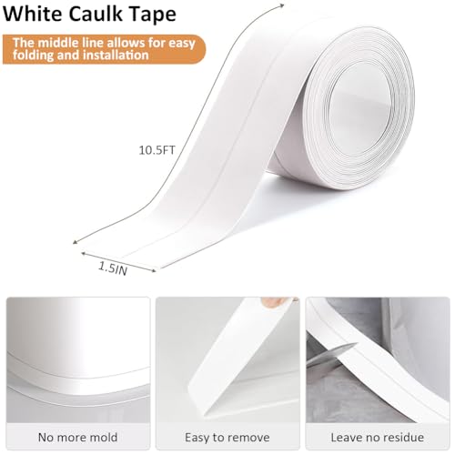 White Caulk Tape Self Adhesive Waterproof, Bathroom Peel & Stick Caulking Strip Floor Tile Wallpaper Toilet Tub Shower Wall Trim, DIY Project Renter Friendly Decor, Quick & Easy to Install in Minutes - style: White-1.5IN-10.5FT