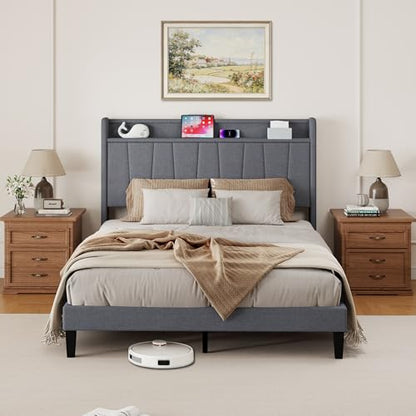 Queen Size Bed Frame with Headboard, Platform Bed with Upholstered Wingback Storage Headboard, Slats Support, No Box Spring Needed Dark Grey