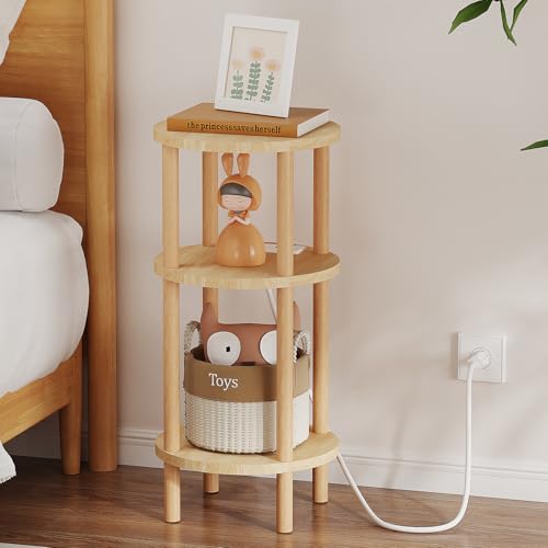 Solid Wood Round Side Table with Charging Station, 3-Tiers Small End Table | Real Oak Wood Table,Narrow Compact Sofa Bedside Table for Small Spaces, Easy Assembly for Living Room, Bedroom, Apartment - color: Natural