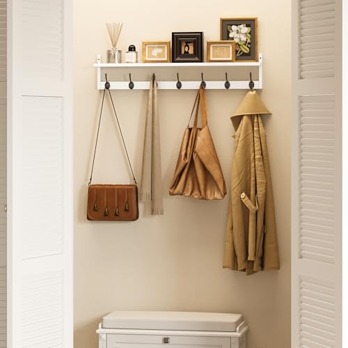 BAMEOS 35" L Wall Hooks with Shelf, Entryway Coat Hooks, Wood Wall Hanging Shelf, Wall-Mounted Coat Rack with 7 Dual Metal Hooks for Bathroom, Kitchen, Living Room, Bedroom (White) - style: White-35IN with shelf