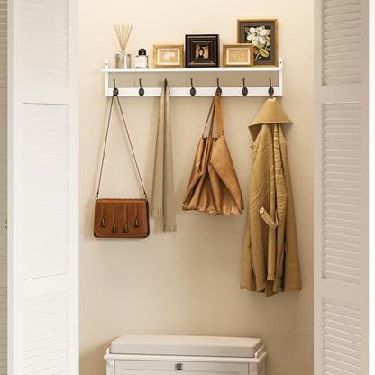 BAMEOS 35" L Wall Hooks with Shelf, Entryway Coat Hooks, Wood Wall Hanging Shelf, Wall-Mounted Coat Rack with 7 Dual Metal Hooks for Bathroom, Kitchen, Living Room, Bedroom (White) - style: White-35IN with shelf
