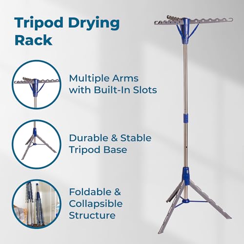 Honey-Can-Do 64-Inch Steel Tripod Clothes Drying Rack, Foldable Collapsible Laundry Stand with 3 Rotatable Arms, Holds 30 Hangers, Space-Saving Indoor Outdoor Air Dry Rack, Blue - style: 1 Tier