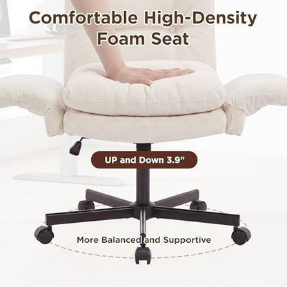 FiveWillowise Cross Legged Office Chair with Flip-up Arms&Low Back,Beige | Criss Cross Chair With Thicken Wide Seat,Lounge Makeup Vanity Chairs with Side Pockets,Comfy Home Office Desk Chair,Chenille - color: Beige