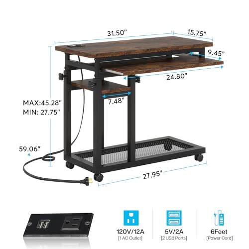 Tribesigns Small Portable Desk with Power Outlet, Height Adjustable Sofa Couch Bedside Laptop Table with Wheels, Mobile Standing Desk Rolling Computer Cart C Side Table with USB Ports - color: Brown