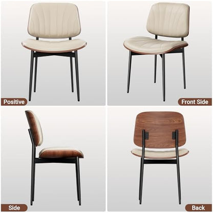 YaFiti Mid Century Dining Chairs Set of 2 with Walnut Bentwood, Greige | Ergonomic Walnut Backrest, Upholstered Waterproof PU Leather Seat, Stable Metal Legs, Adjustable Footpads, Apartment Friendly - color: Greige Scallop