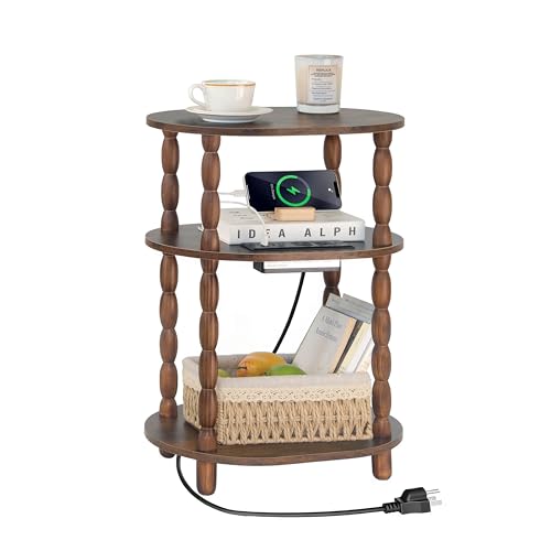 MaxSmeo Side Table with Charging Station, 3-Tier Small End Table with USB Ports and Outlets, Modern Oval Night Stand Accent Table for Living Room, Bedroom, Rustic Brown - color: Rustic Brown Charging Station