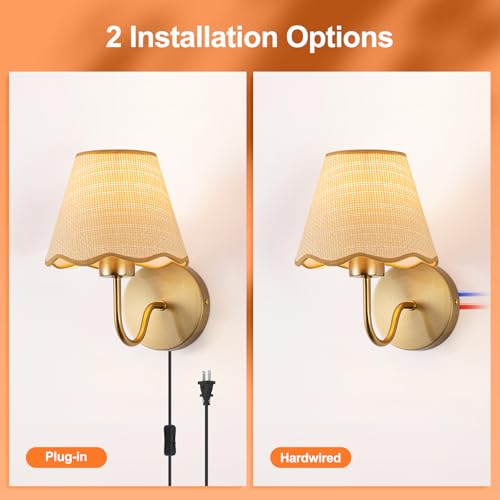 ADISUN Wall Sconce Set of 2, Gold Plug in Wall Lamps for Living Room, Hardwired. Rattan Shade Wall Lights for Bedroom Living Room Hallway Kitchen - color: Gold, 10inch