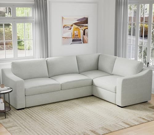 Convertible Sectional Sofa, L Shaped Couch, Natural Linen Fabric Couches with Extra Deep Seats, Big Comfy Couch Upholstered Modern Corner Sofa for Living Room, Office, White - color: White, size: 112 Inch - V Shaped(4 Seat)