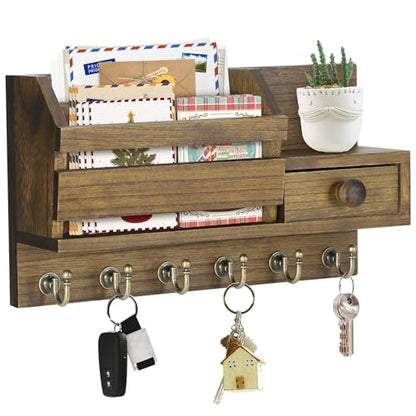 VIS'V Key Holder Wall Mount, Wooden Mail and Key Organizer, Brown | Contains Little Drawer, Small Shelf, 2 Slots, 6 Hooks, for Entryway, Hallway, Doorway, Kitchen, Garage, RV - color: Brown