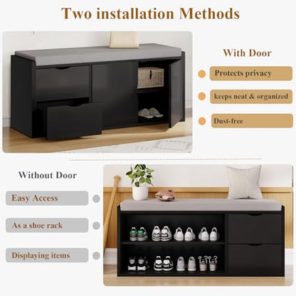 LVB 2-Tier Storage Bench with Padded Seat Cushion Shoe Bench with 2 Drawers | Removable Barn Doors & Adjustable Shelf, Industrial Shoe Bench for Hallway, Bedroom, Living Room,Black Oak, 40 Inch - color: Black Oak