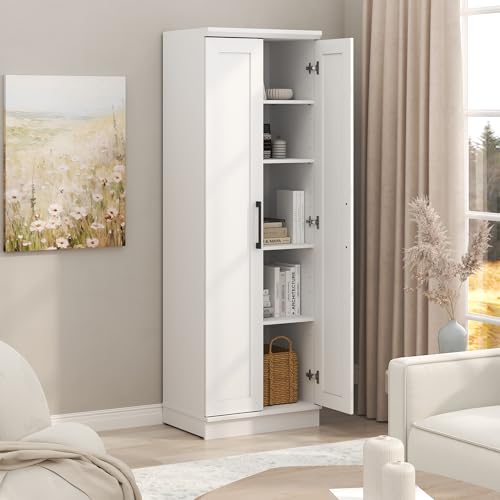 Furinno Robin Storage Cabinet, 5-Tier Pantry Cabinet with Adjustable Shelves, 23W with 2 Shaker-Doors, Kitchen Cabinet, Organization and Storage, for Pantry, Living Room, Home Office, White - color: White, size: 5-Tier with Double Doors