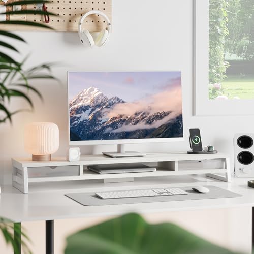Fenge Dual Monitor Stand Riser, 42.5in Desk Shelf with 2 Drawers, White | 2-Tier Monitor Shelf for Desk, Storage Drawer with Stopper, Frosted, fit Home Office, Ultrawide Screen, PC, Laptop, TV - color: White