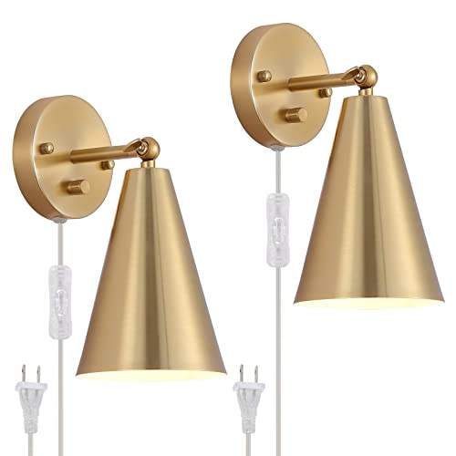 MWZ Gold Wall Sconces Set of Two Plug in,Brass Modern Dimmable Sconces Adjustable Angle Lights with Metal Shade and Dimmer On/Off Rotary Switch, Wall Mounted Light for Bedroom Bedside Stairway - color: Gold-Plug in