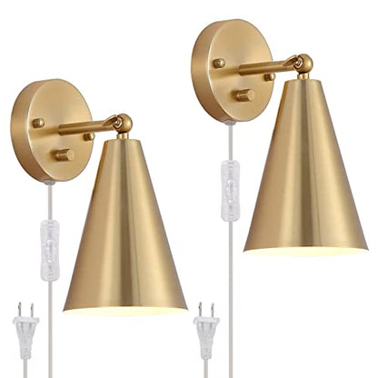 MWZ Gold Wall Sconces Set of Two Plug in,Brass Modern Dimmable Sconces Adjustable Angle Lights with Metal Shade and Dimmer On/Off Rotary Switch, Wall Mounted Light for Bedroom Bedside Stairway - color: Gold-Plug in