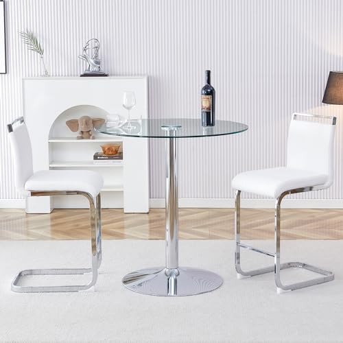 Bar Table and Chairs Set of 2,Round Counter Height Dining Table Set,35” Glass Round Bar Table Set with White Bar Stools,Sturdy Silver Chrome Base,Small Pub Table Set for Apartment,Kitchen(36"H - color: Silver&white