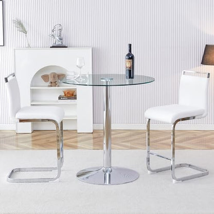 Bar Table and Chairs Set of 2,Round Counter Height Dining Table Set,35” Glass Round Bar Table Set with White Bar Stools,Sturdy Silver Chrome Base,Small Pub Table Set for Apartment,Kitchen(36"H - color: Silver&white