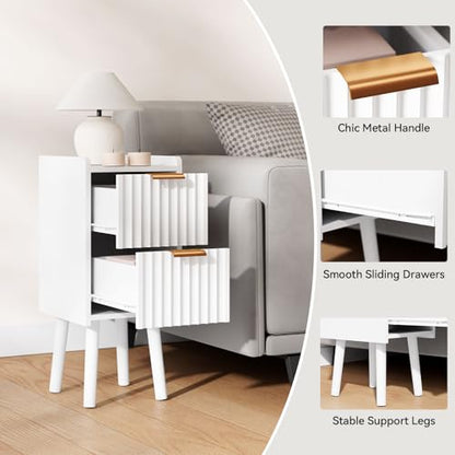 IBUYKE Narrow Nightstand,Slim Bedside Table with 2 Drawer,White UWNS015W | Space Saving,Skinny Bedside Table for Small Spaces,Wood Side End Tables for Bedroom Living Room