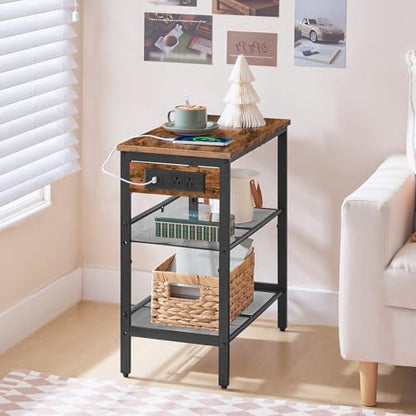 HOOBRO End Table, 3-Tier Narrow Side Table with Charging Station, Nightstand with 2 Flat or Slant Adjustable Shelves for Small Spaces, Living Room, Bedroom, Rustic Brown and Black BF23UBZ01G1 - color: Rustic Brown + Black