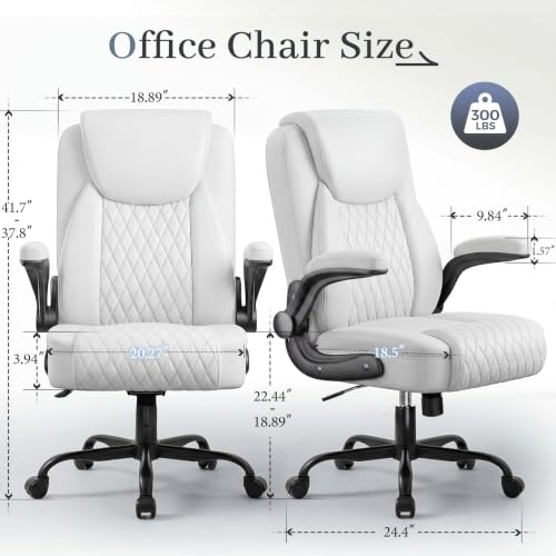 GTPOFFICE Executive Office Chair with Comfortable Lumbar Support, Ergonomic Gaming Chair with Flip-up Armrests & Zoned Pressure-Relief Cushion, Comfy PU Leather Desk Chair, White - color: White