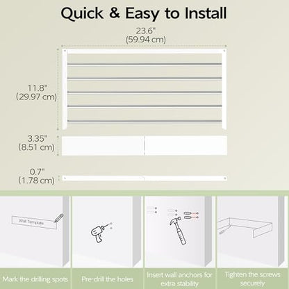 Vikaqi Wall Mounted Clothes Drying Rack 23.6", Foldable Wall Mount Laundry Rack Folding Indoor, Drying Rack Clothing Collapsible, Hidden Space Saver with Wall Template, 5 Rods, White - color: White, size: 23.6" Wide