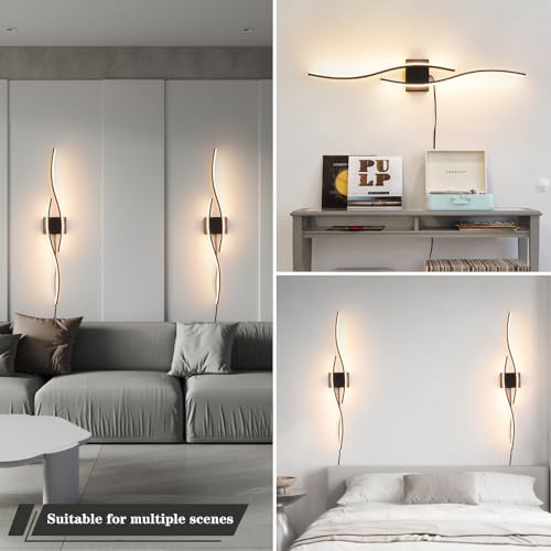 Daunton Modern Plug in Wall Sconces Set of Two, RC Dimmable LED Plug in Wall Light, Black Sconce Wall Lighting for Living Room, Hallway, Bedroom - color: Black, size: 40.5in A plug in