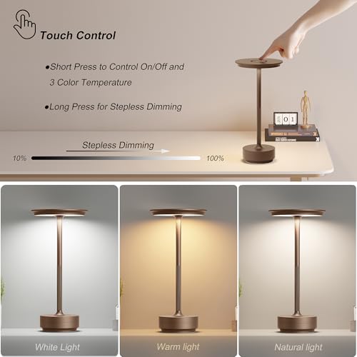 TBBGA 1 Pack Rechargeable Table Lamps Cordless, 5000mAh Outdoor Table Light | 3 Color Stepless Dimming Portable LED Table Lamp with Memory Function, for Home/Dinner/Patio/Restaurant.(Brown) - color: Brown-1