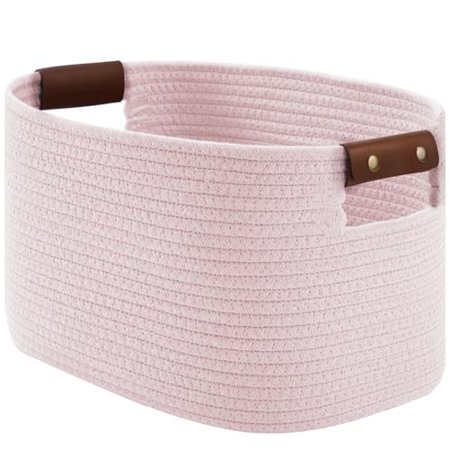 ECDYQXVU 15x10x9 Woven Cotton Rope Storage Basket, Leather Handles 1 Pack | Foldable Design, Sturdy PU Handles, Easy to Clean Organizer for Living Room, Closet, Shelves, Bedroom, Laundry, Clothes - color: Light Pink-1 Pack, size: 1 Pack