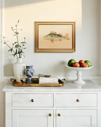 HUARCEY Gold Framed Vintage Bass Fish Canvas Wall Art 12×16 Inch | Antique Freshwater Perca Print, Classic Wildlife painting Artwork Rustic Cabin Cottagecore Decor for Kitchen Bathroom - color: Blue Bass, size: 16"L x 12"W