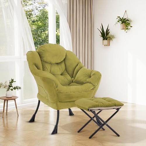 Lazy Chair with Ottoman Comfy Accent Lounge Chair with Side Pocket Cozy Chair Modern Reading Armchair with Footrest Upholstered Sofa Chair for Small Spaces Living Room Dorm Bedroom Olivegreen - color: Olivegreen