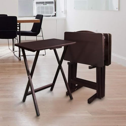 HomeStock Antique 5-Piece Solid Wood Folding Tray Table Set with Storage Stand 4 Durable TV Tables for Living Room or Snacks, 19" x 14.75" x 25.5" Espresso - color: Espresso