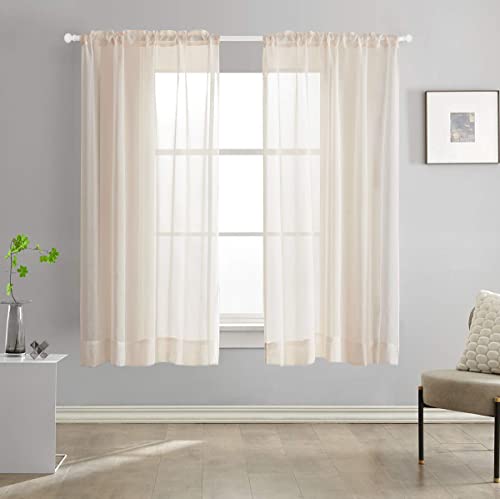 Beige Sheer Curtains 63 Inch Length 2 Panels Semi Faux Linen Beige Sheer Curtain 63 Inches Long for Bedroom Living Room Girls Kids Room 2 Panels 52x63 - color: Beige, size: 52"W x 63"L (Pack of 2)