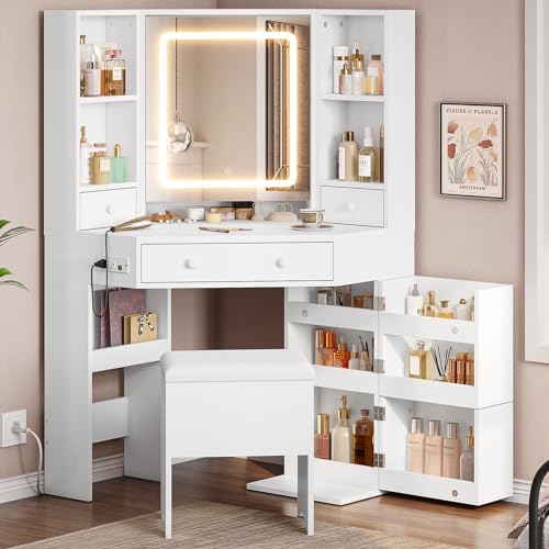 Corner Vanity Desk with Lights and Charging Station, Makeup Vanity with Lights, Vanity Set with Mirror and Storage Stool, Makeup Table with Drawers, Rotating Shelves, White - style: Modern White