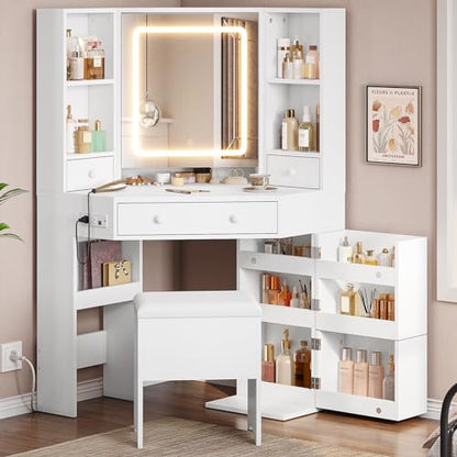 Corner Vanity Desk with Lights and Charging Station, Makeup Vanity with Lights, Vanity Set with Mirror and Storage Stool, Makeup Table with Drawers, Rotating Shelves, White - style: Modern White