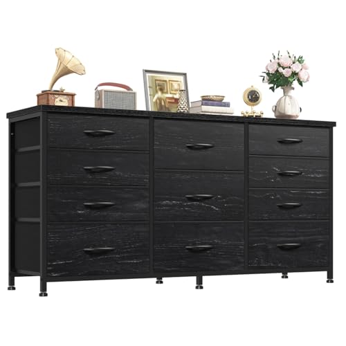 Romorgniz 47.2"W Long Dresser with 11 Fabric Drawers, TV Stand & Wooden Top | Five large and six small drawers provide organized storage, with a stable metal frame for bedrooms, living rooms and TV areas - color: Black