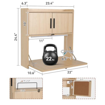 ARTETHYS Wall Mounted Desk Folding with LED Light Drop Down Hanging Desk | Multifunctional Fold Down Laptop Computer Table, Writing Workstation with Storage Compartments, Space Saving for Home - color: Wood