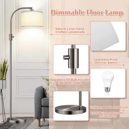 Nintiue Upgraded Modern Arc Dimmable Tall Standing Floor Lamp with Linen Shade, 1200 Lumens LED Bulb Included, for Living & Reading Room, Bedroom, Office & Nursery, Brushed Nickel - color: Brushed Nickel-White Shade