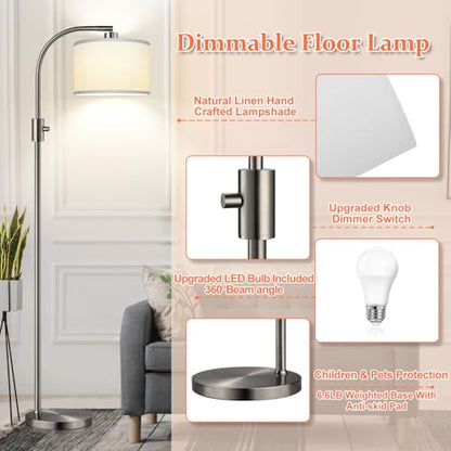 Nintiue Upgraded Modern Arc Dimmable Tall Standing Floor Lamp with Linen Shade, 1200 Lumens LED Bulb Included, for Living & Reading Room, Bedroom, Office & Nursery, Brushed Nickel - color: Brushed Nickel-White Shade