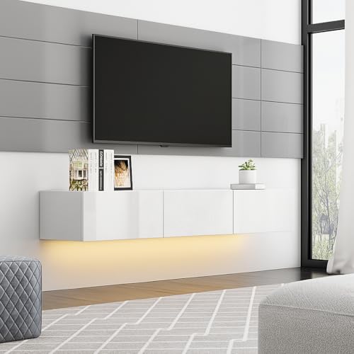 Floating TV Stand with LED for TVs up to 70", High Gloss Wall Mounted Entertainment Center for Living Room, White Modern Wood Media Console for Bedroom - size: 63"W x 14"D x 10"H