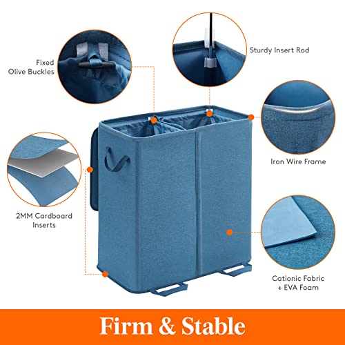 Lifewit Double Laundry Hamper with Lid and Removable Laundry Bags, Large Collapsible 2 Dividers Dirty Clothes Basket with Handles for Bedroom Laundry Room Closet Bathroom College, 136L Blue - color: Blue, size: 136L