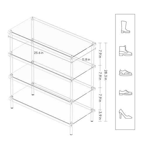 Aquiver 4-Tier Acrylic Shoe Rack - Shoe Rack Organizer - Modern Shoe Storage Shelf, Holds 12-16 Pairs of Shoes for Entryway, Closet - 25.6'' L x 11.8'' W x 28.3'' H, Clear, Easy Assembly & Clean - size: 25.6''L x 11.8''D x 28.3''H