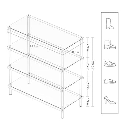 Aquiver 4-Tier Acrylic Shoe Rack - Shoe Rack Organizer - Modern Shoe Storage Shelf, Holds 12-16 Pairs of Shoes for Entryway, Closet - 25.6'' L x 11.8'' W x 28.3'' H, Clear, Easy Assembly & Clean - size: 25.6''L x 11.8''D x 28.3''H