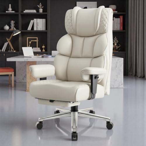 BestGlory Office Desk Chair, Big and Tall Leather Gaming Chair with Footrest, Ergonomic Comfy Executive High-Back Reclining Computer Chairs, Wide Swivel Rolling Wheels and Padded Lumbar Support, White - color: White, style: 3 Position Reclining