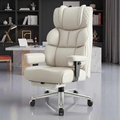 BestGlory Office Desk Chair, Big and Tall Leather Gaming Chair with Footrest, Ergonomic Comfy Executive High-Back Reclining Computer Chairs, Wide Swivel Rolling Wheels and Padded Lumbar Support, White - color: White, style: 3 Position Reclining