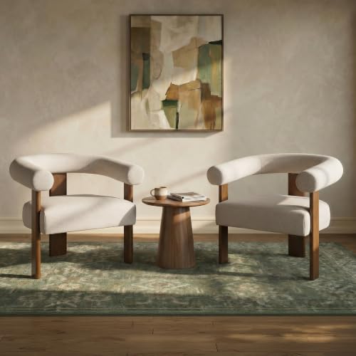VKNOW Barrel Accent Chairs Set of 2 with Armrests and Walnut Wood Legs | Mid Century Modern Upholstered Living Room Chairs with Open Back, Faux Mohair Fabric, for Living Room, Bedroom, Khaki - color: Khaki(walnut Legs), size: Set of 2